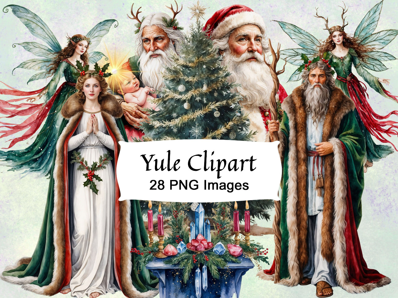 YULE CLIPART BUNDLE - Winter Solstice, 28 Watercolor Art PNGs for Pagan Ritual Altar - Commercial Use - Morgana Magick Spell