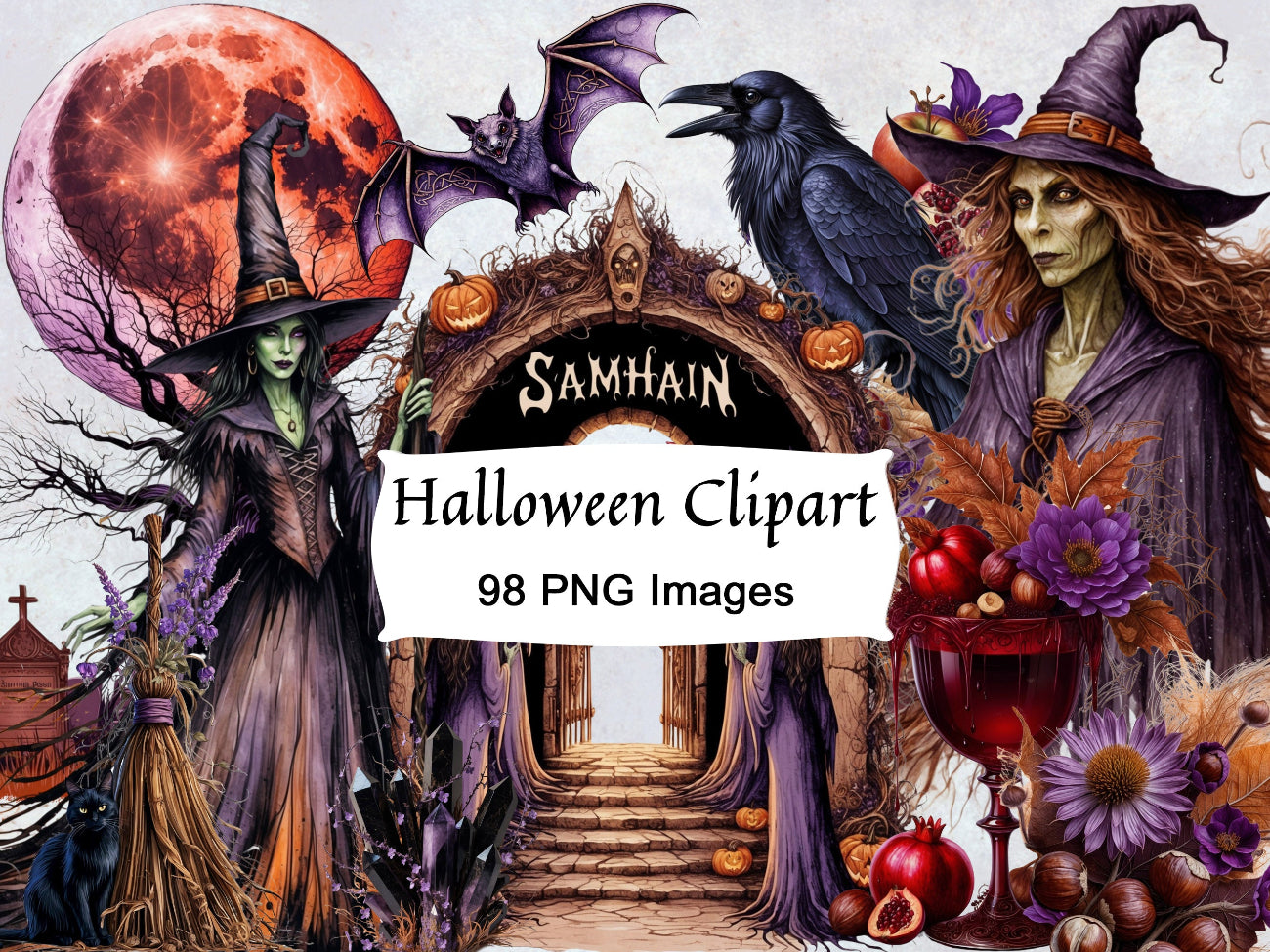 HALLOWEEN CLIPART, Samhain Wicca Sabbat, 98 Art PNGs, Spooky Witches, Digital Grimoire, Printable Book of Shadows, Commercial Use - Morgana Magick Spell