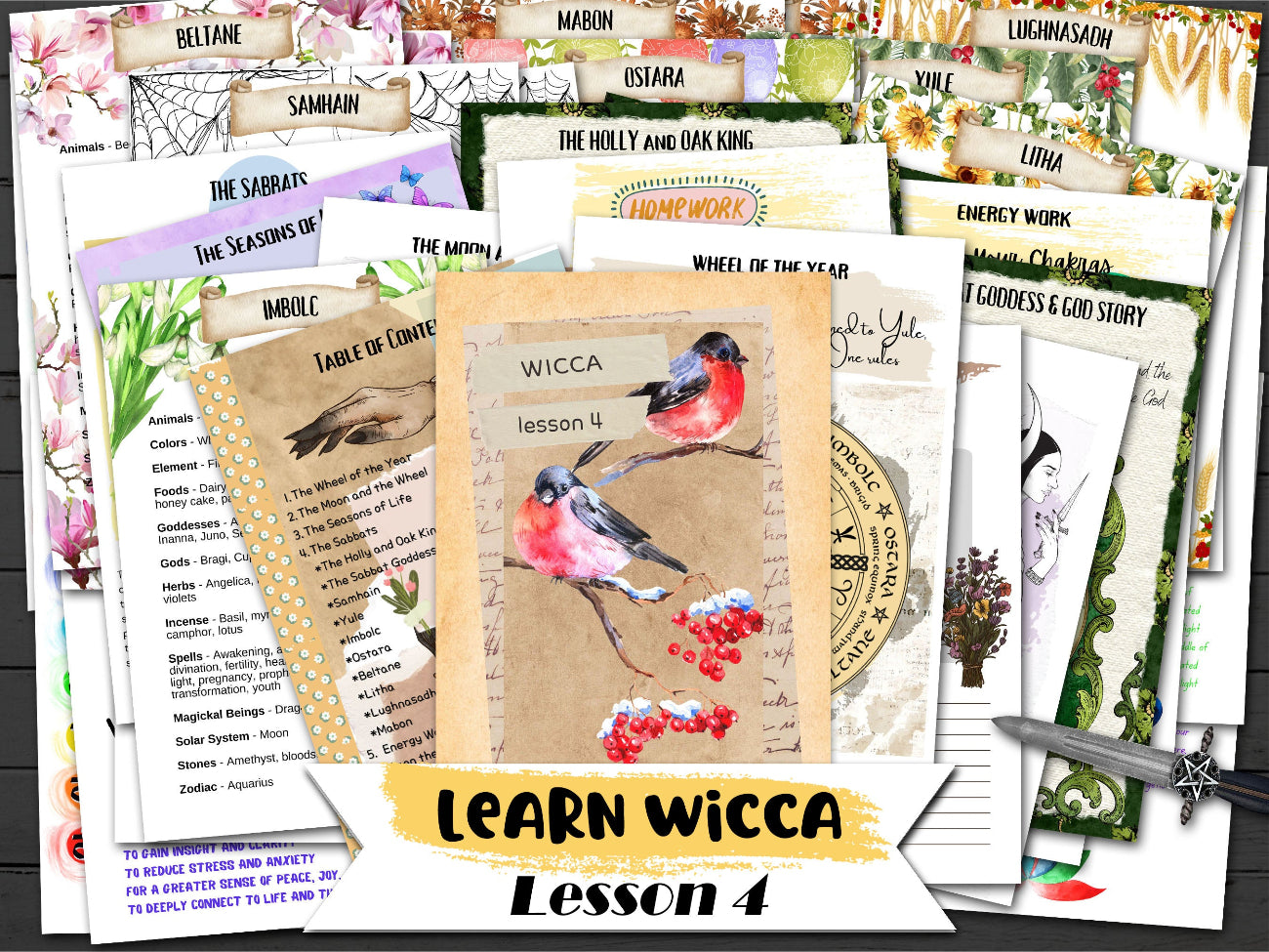 WICCA LESSON # 4 - Learn Witchcraft, Wheel of the Year, Nature Cycles, Sabbats, Holly & Oak King, Unlock the Mysteries of Wicca, 38 Pages - Morgana Magick Spell