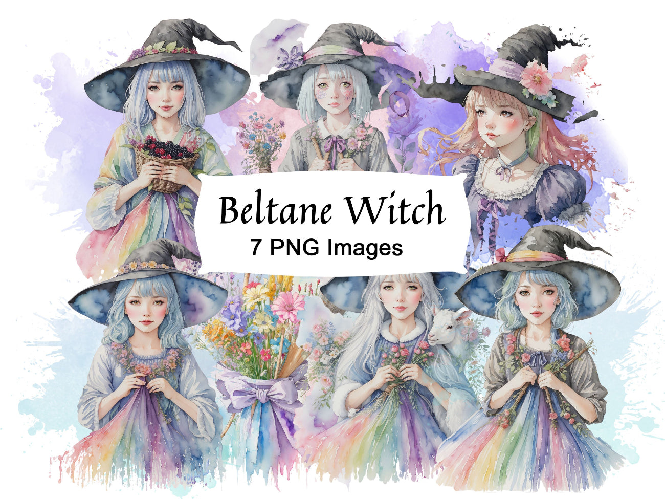 LIL BELTANE WITCHY, Commercial License Clipart, Fantasy Graphics, Pagan Sabbat, 7 png transparent files, Watercolor Witch Bundle, Witchy Art - Morgana Magick Spell