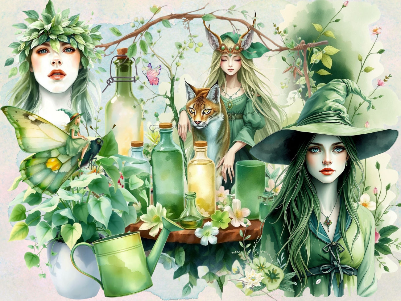 GREEN WITCH CLIPART – 85 Magical PNGs for your Junk Journal, digital scrapbook, Wicca Book of Shadows, Nature inspired, Commercial License -Morgana Magick Spell