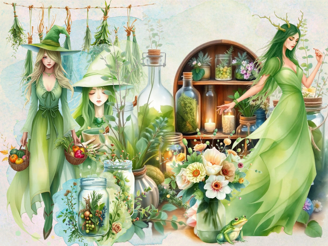 GREEN WITCH CLIPART – 85 Magical PNGs for your Junk Journal, digital scrapbook, Wicca Book of Shadows, Nature inspired, Commercial License -Morgana Magick Spell