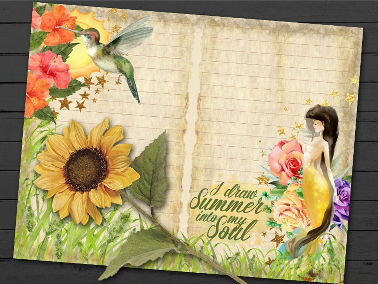 Closeup image of double pages with orange tropical flowers, hummingbird, gold stars, grass bottom border image and fairy surrounded with roses.