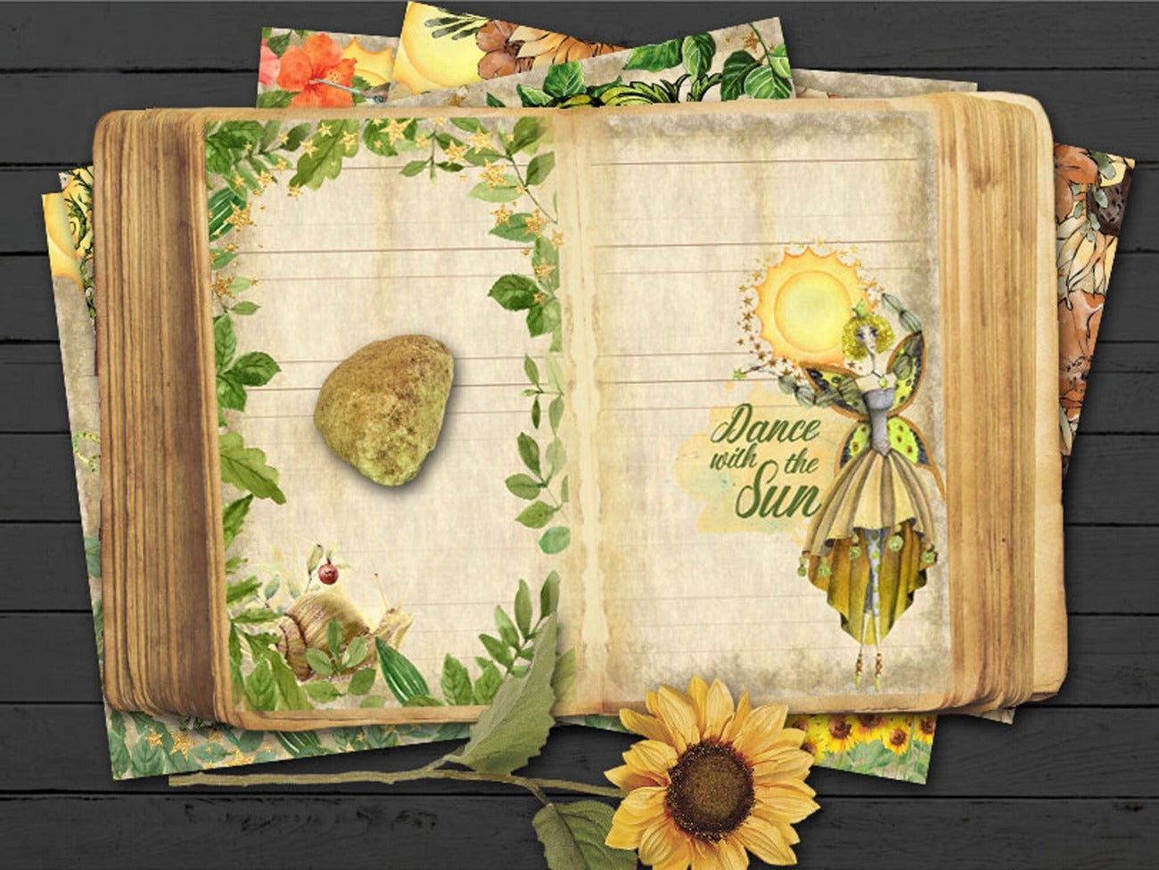 Litha Junk Journal shown with pages added to an ancient book of shadows.