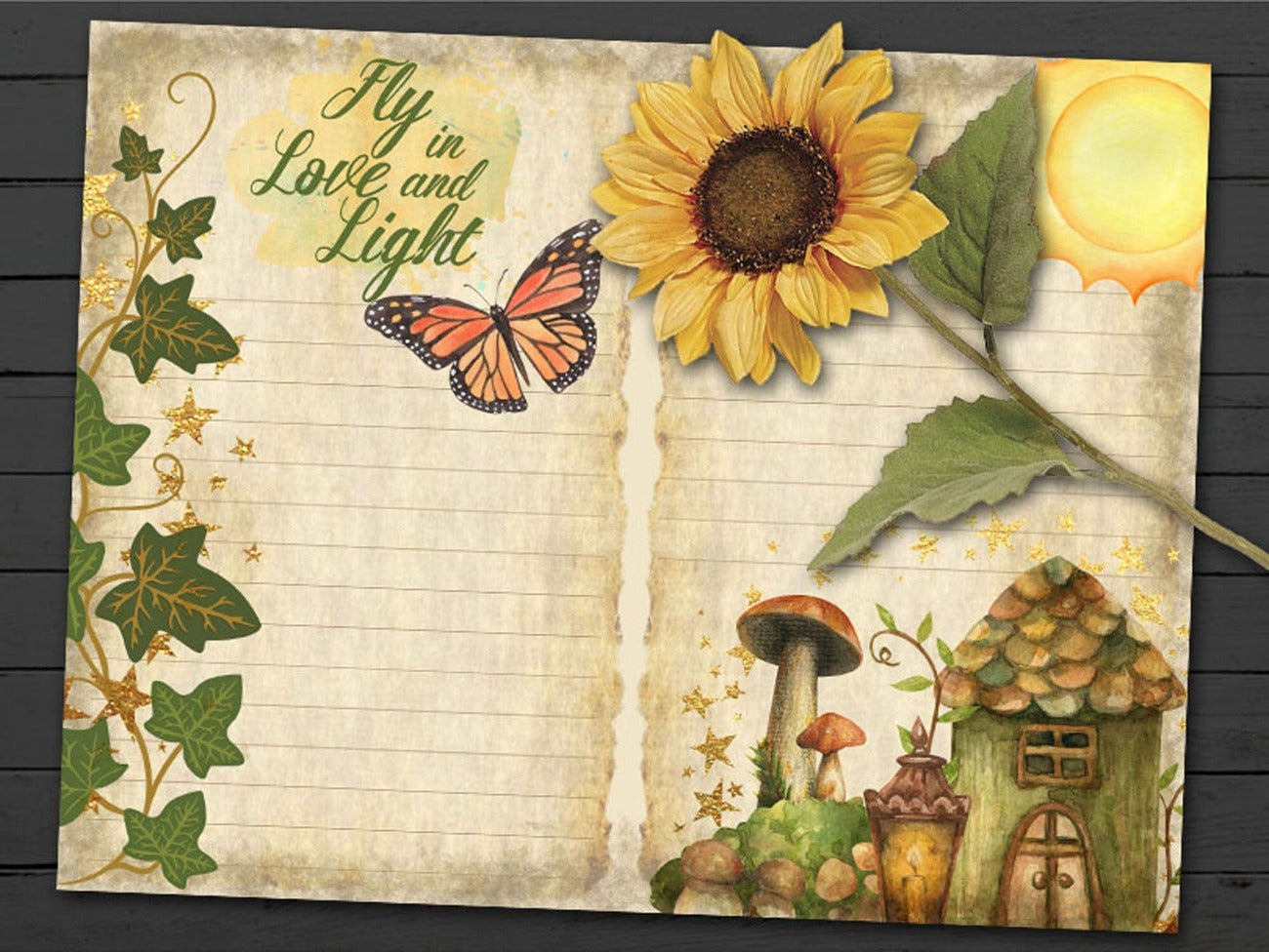 Closeup image of double page with ivy and stars side border, and fairy mushroom village.