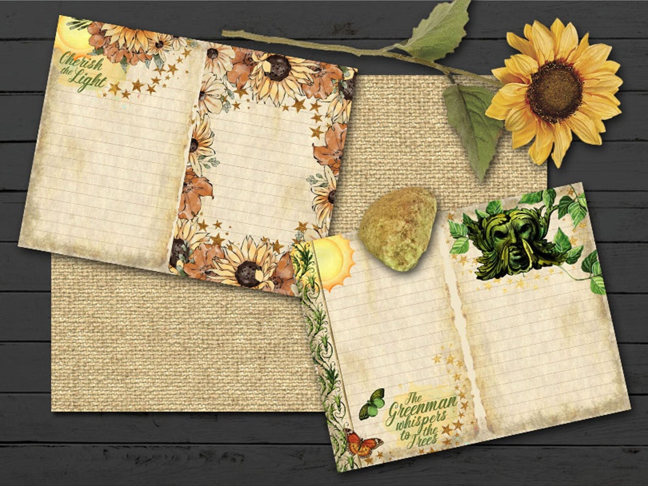 Two pages of Litha Junk Journal on a black wooden desktop with a large sunflower and rustic stone.