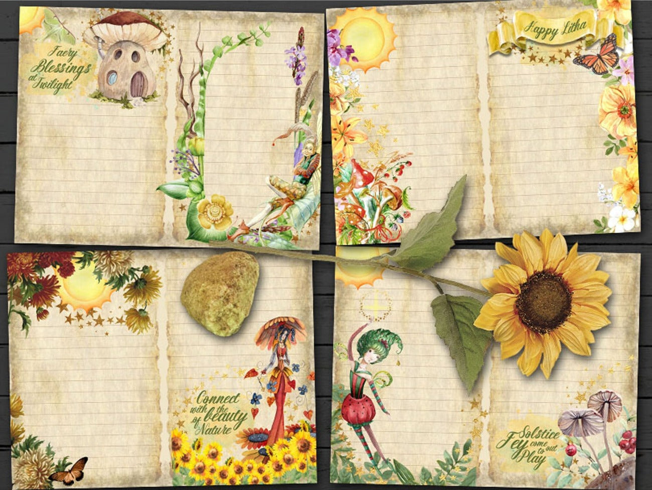 Four Litha Journal pages with mushroom and text “fairy Blessings at Twilight”, Floral page with “Happy Litha”, Sunflower Fairy with “Connect with the Beauty of Nature”, and Fairy and Mushroom page with “Solstice Fey Come Out to Play”.