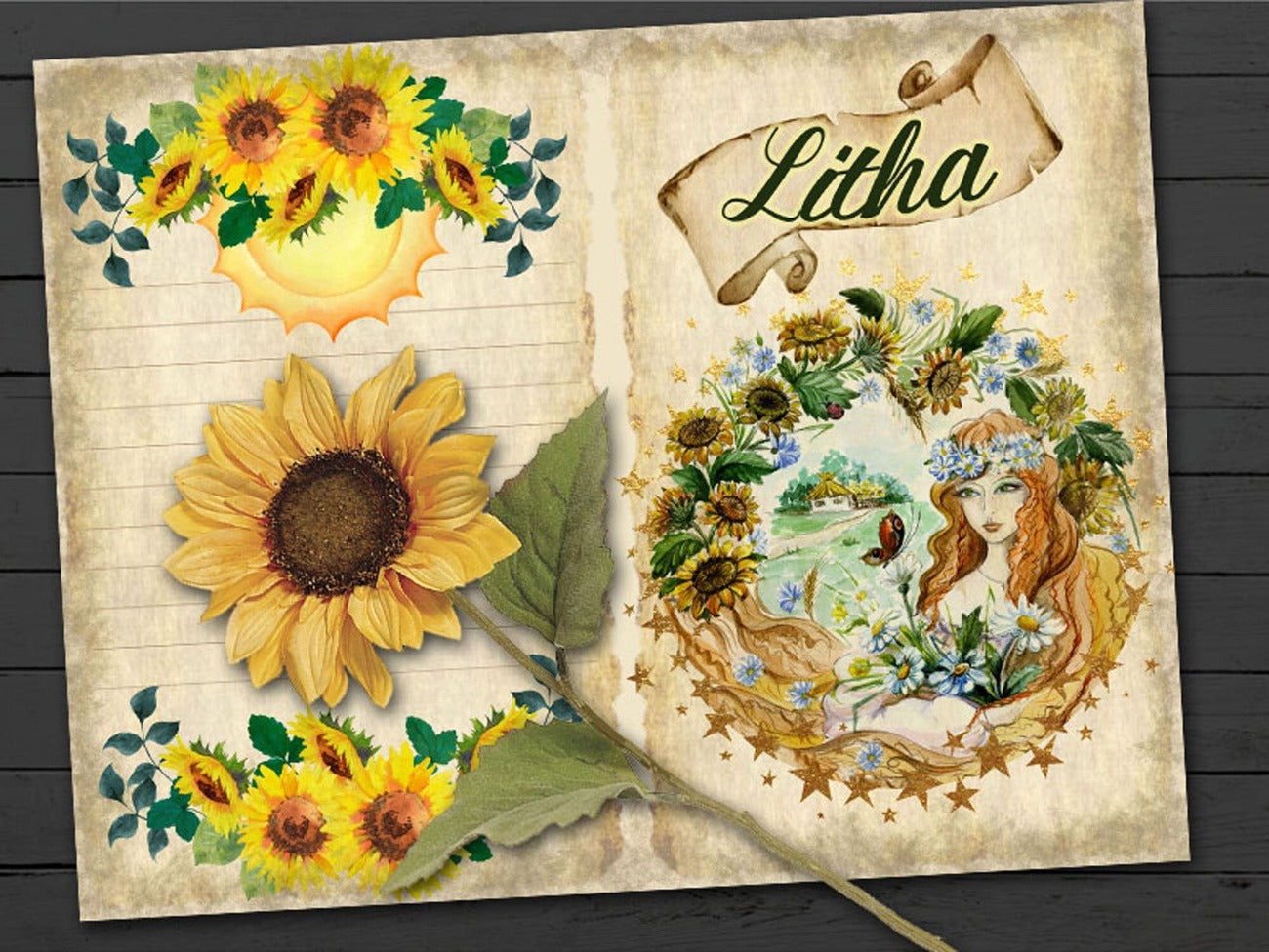 Closeup image of Litha journal front page with a stars and sunflower wreath surrounding a beautiful Litha Goddess and a vintage scroll banner that says “Litha”.