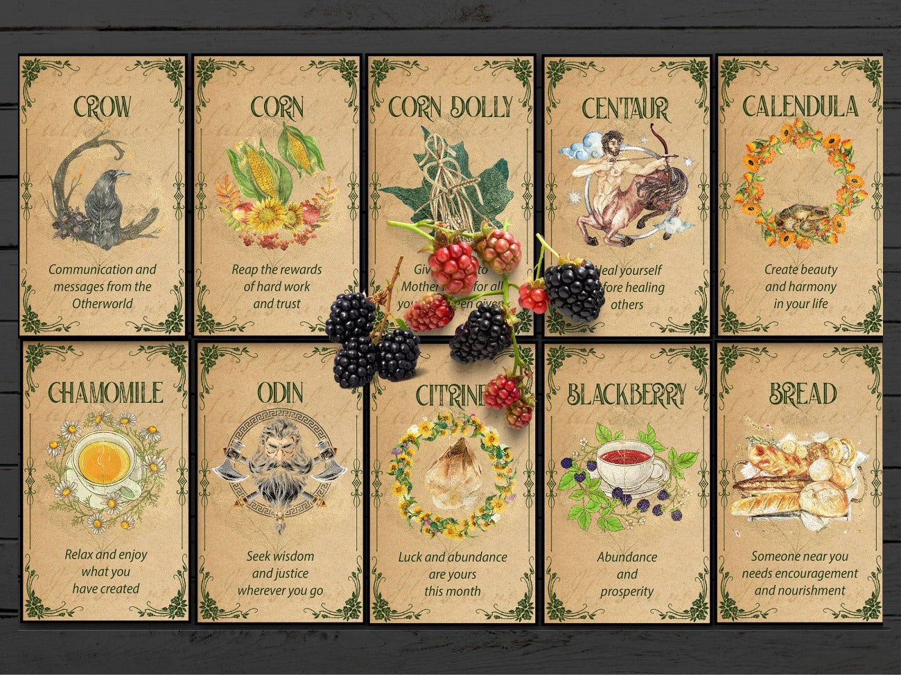 Image of 10 Oracle Cards, Crow, Corn, Corn Dolly, Centaur, Calendula, Chamomile, Odin, Citrine, Blackberry, and Bread.