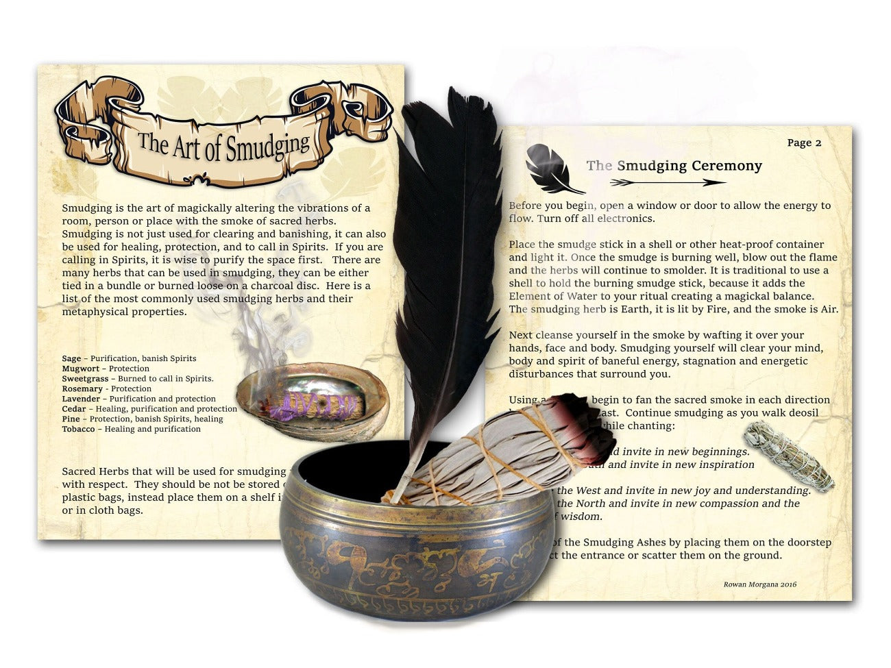 ART of SMUDGING, Guide to Herbs, Incense White Sage Palo Santo, Ceremony Prayers, How to Cleanse Ritual, DIY Bundles, Sage Stick, 2 Pages - Morgana Magick Spell