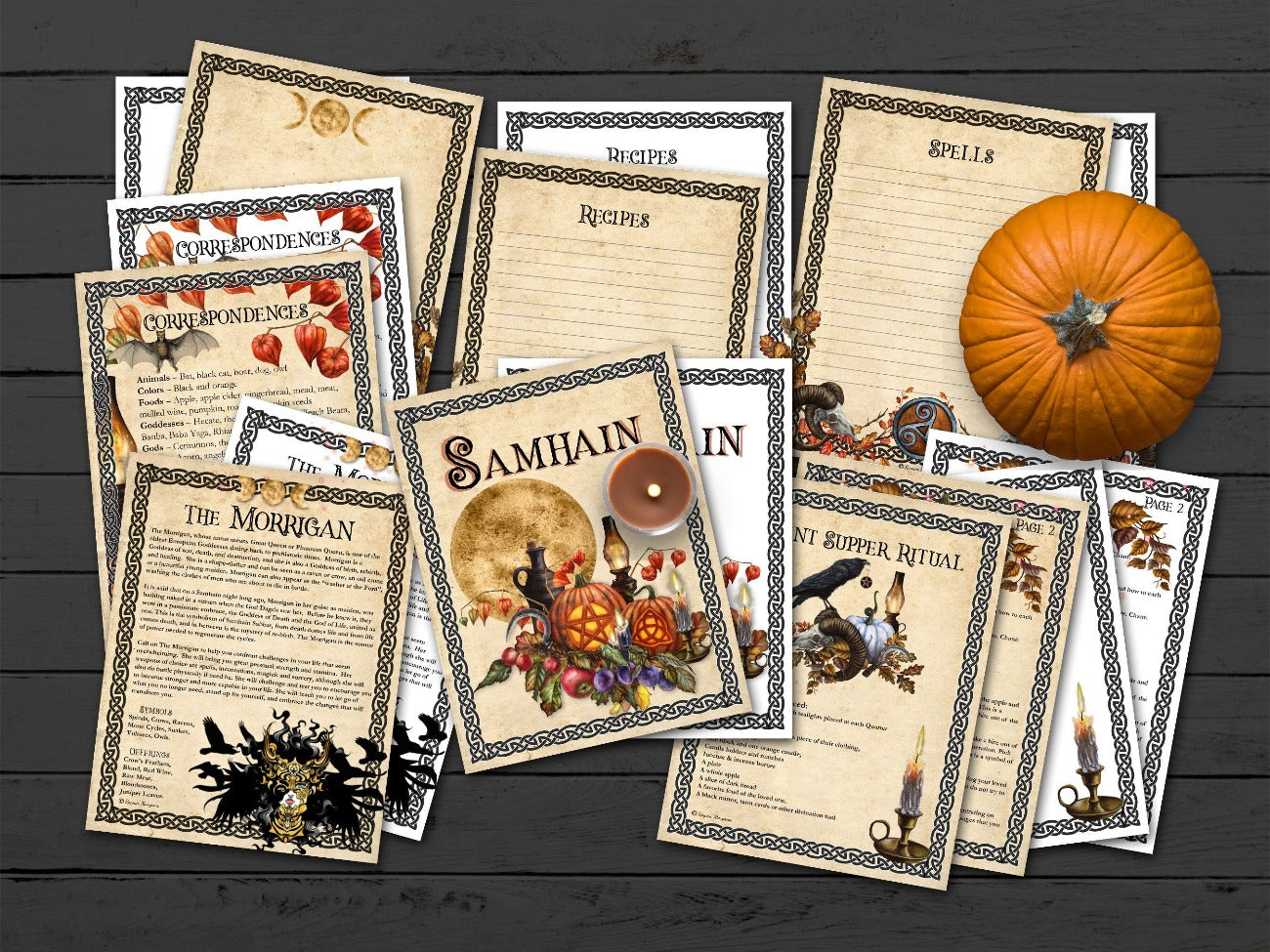 Samhain Front Page, Lined Recipes page, Lined spells page, blank page, The Morrigan and Silient Supper ritual pages are on a black wooden background.