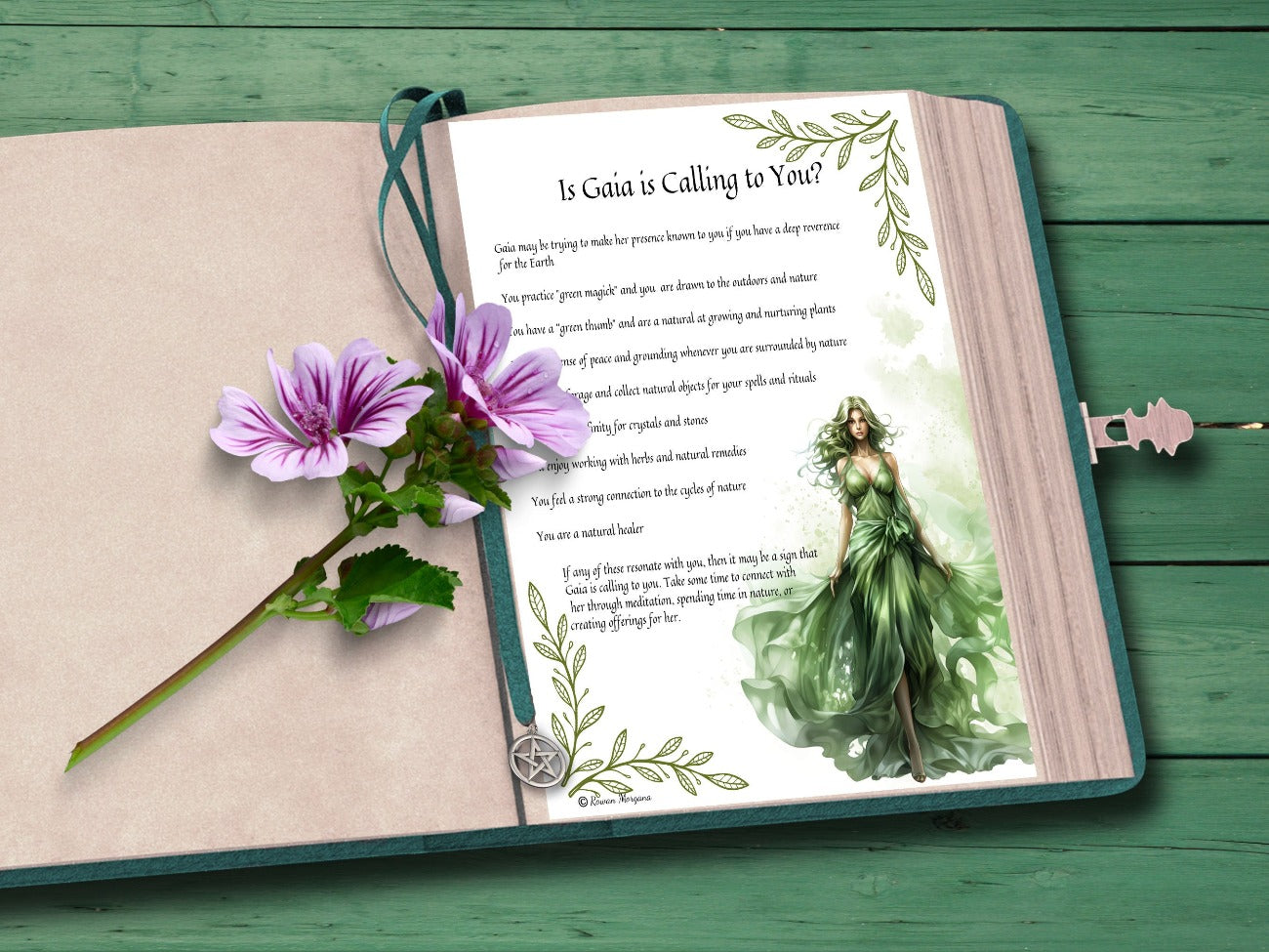 GODDESS GAIA, Is Gaia Calling to You? page placed in an open spellbook with a flower placed on the pages - Morgana Magick Spell