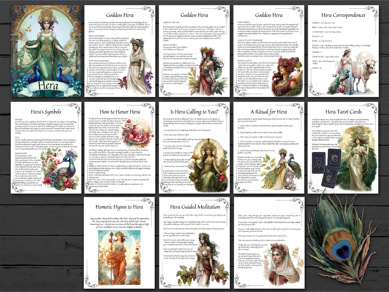 All 13 pages of Goddess Hera printable grimoire journal pages placed on a dark wooden background - Morgana Magick Spell