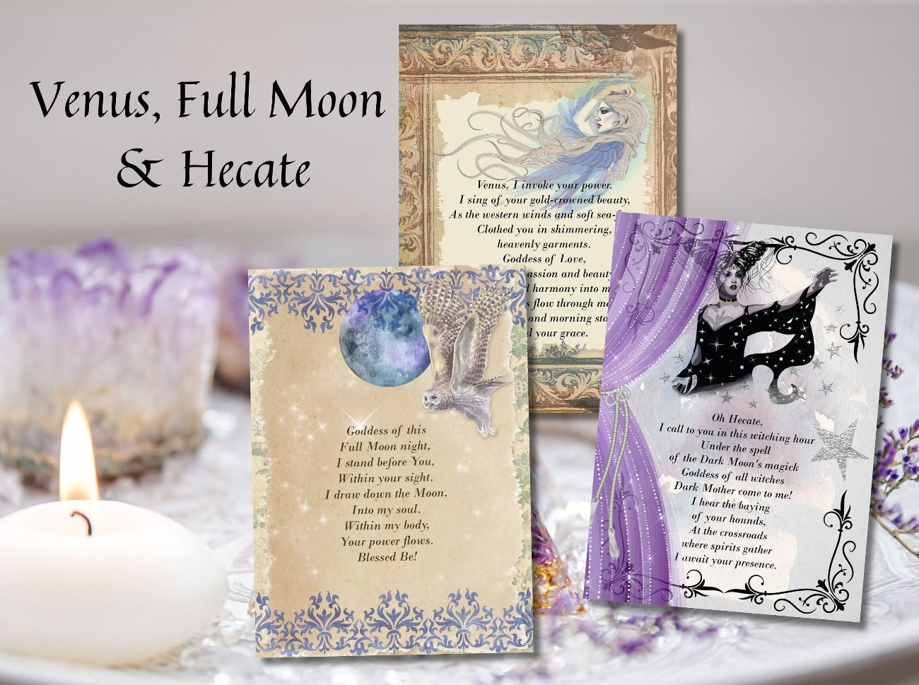 ALTAR PRAYER CARDS – Venus, Full Moon and Hecate cards set on a Wiccan Altar - Morgana Magick Spell