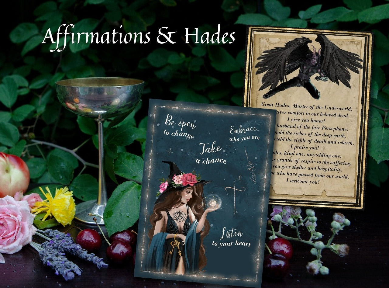 ALTAR PRAYER CARDS – Affirmation and Hades cards set on a Wiccan Altar - Morgana Magick Spell