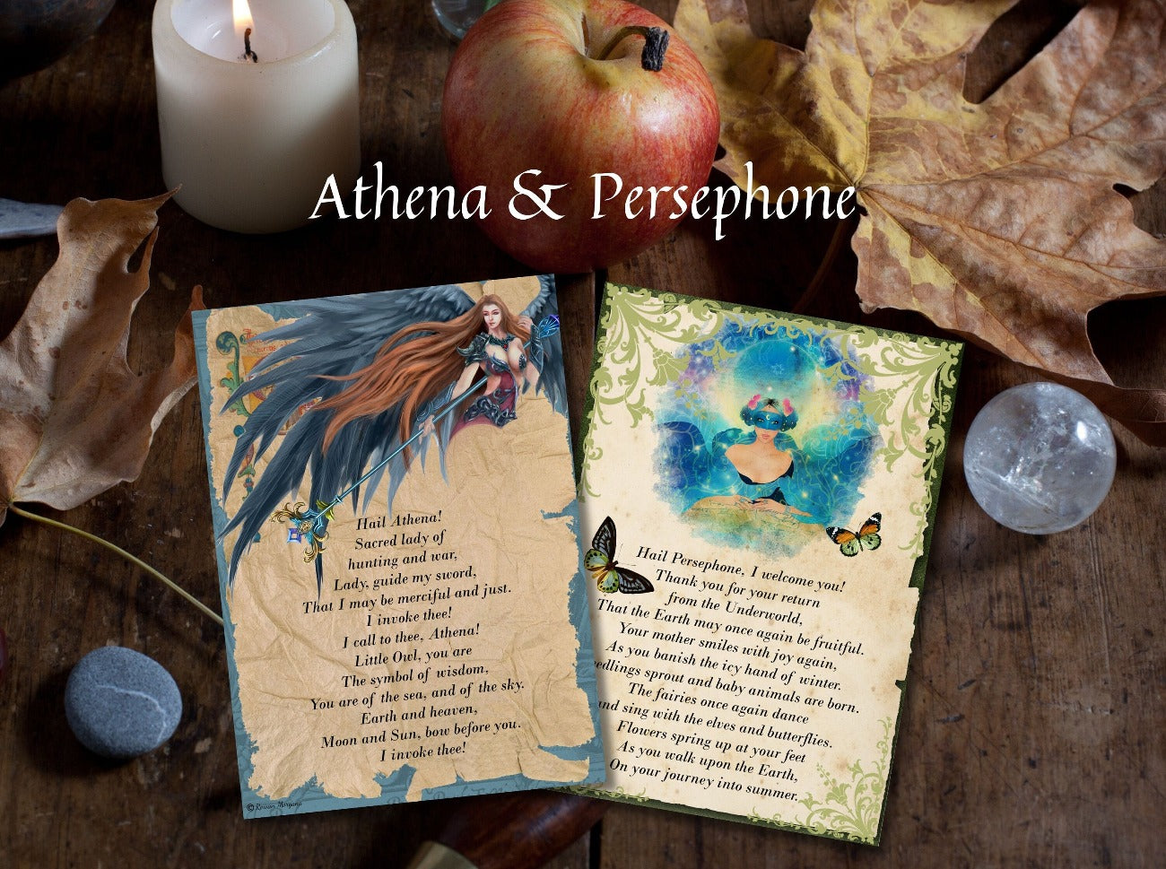 ALTAR PRAYER CARD – Athena and Persephone cards set on a Wiccan Altar - Morgana Magick Spell