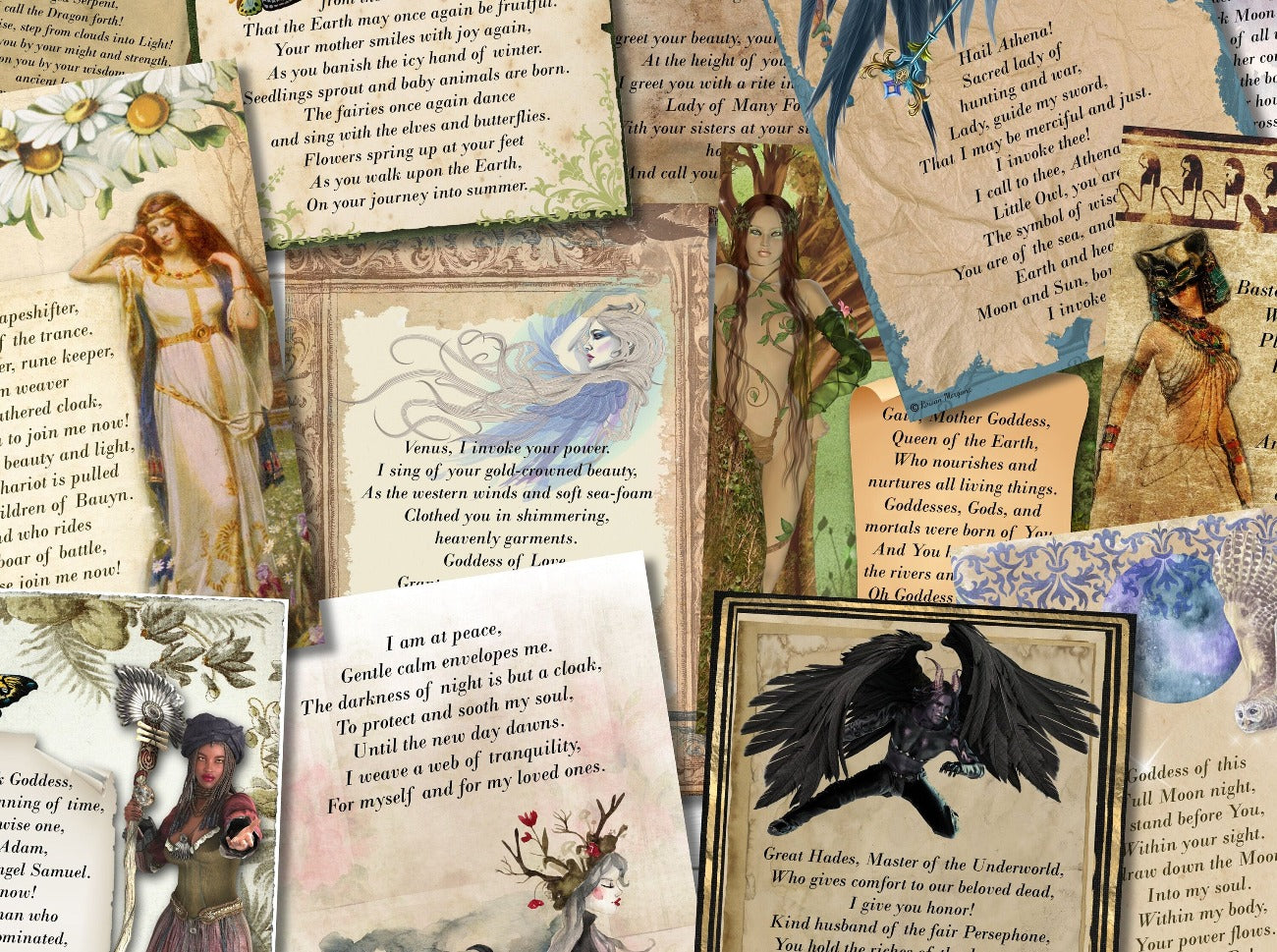 ALTAR PRAYER CARDS – 16 Wicca Pagan Deity Cards, close-up view showing the art and poetry detail - Morgana Magick Spell