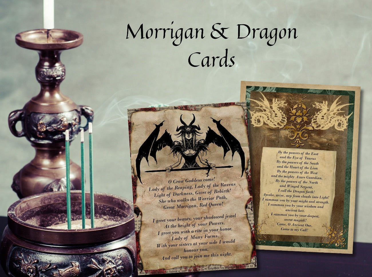 ALTAR PRAYER CARDS – Morrigan and Dragon cards set on a Wiccan Altar - Morgana Magick Spell