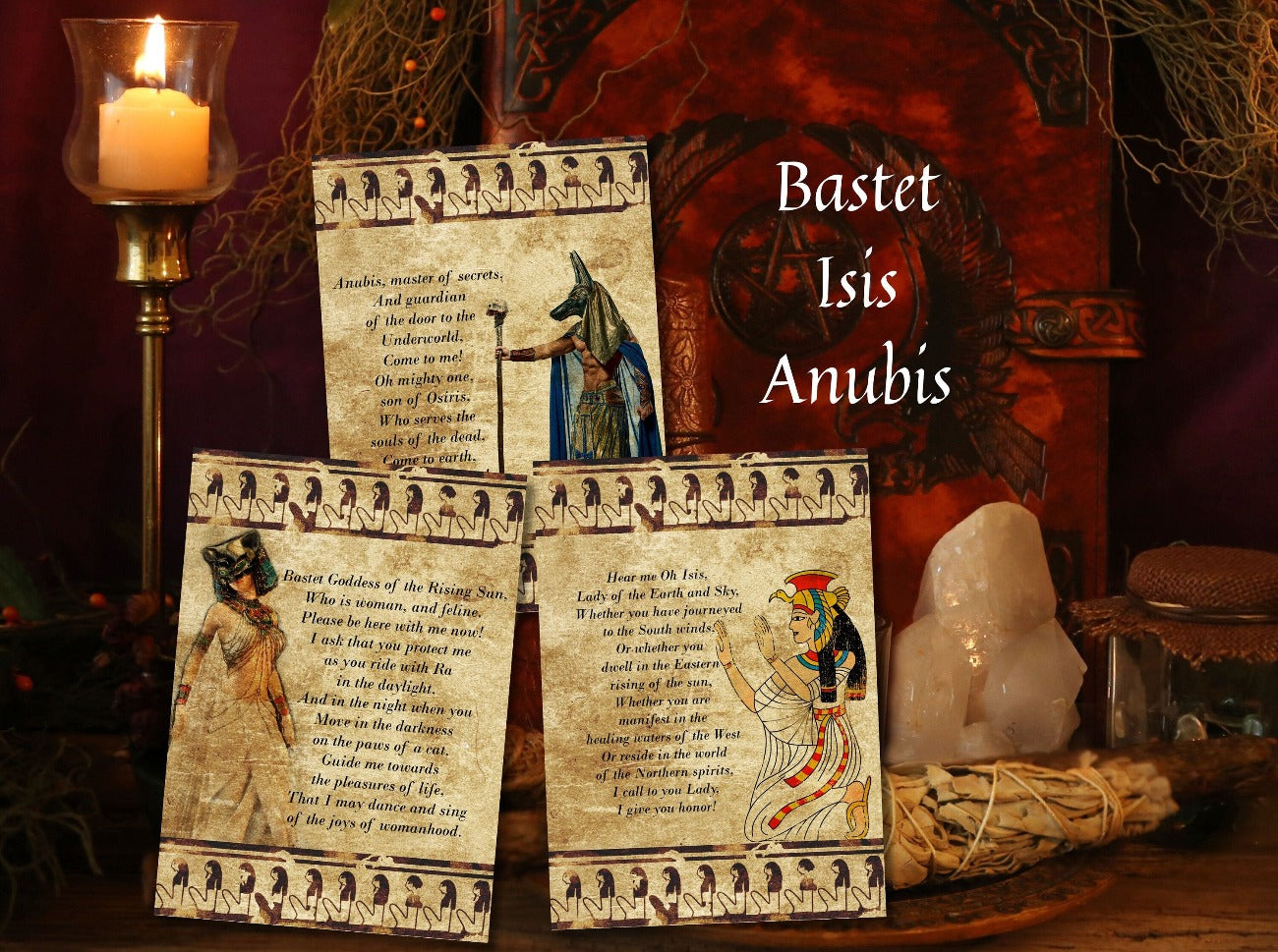 ALTAR PRAYER CARDS – Anubis, Isis, and Bastet cards set on a Wiccan Altar - Morgana Magick Spell