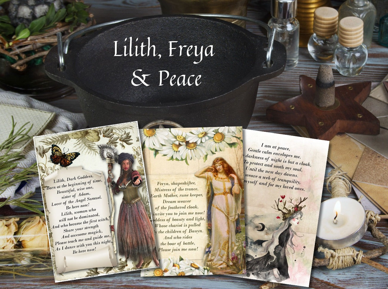 ALTAR PRAYER CARDS – Lilith, Freya and Peace cards set on a Wiccan Altar - Morgana Magick Spell