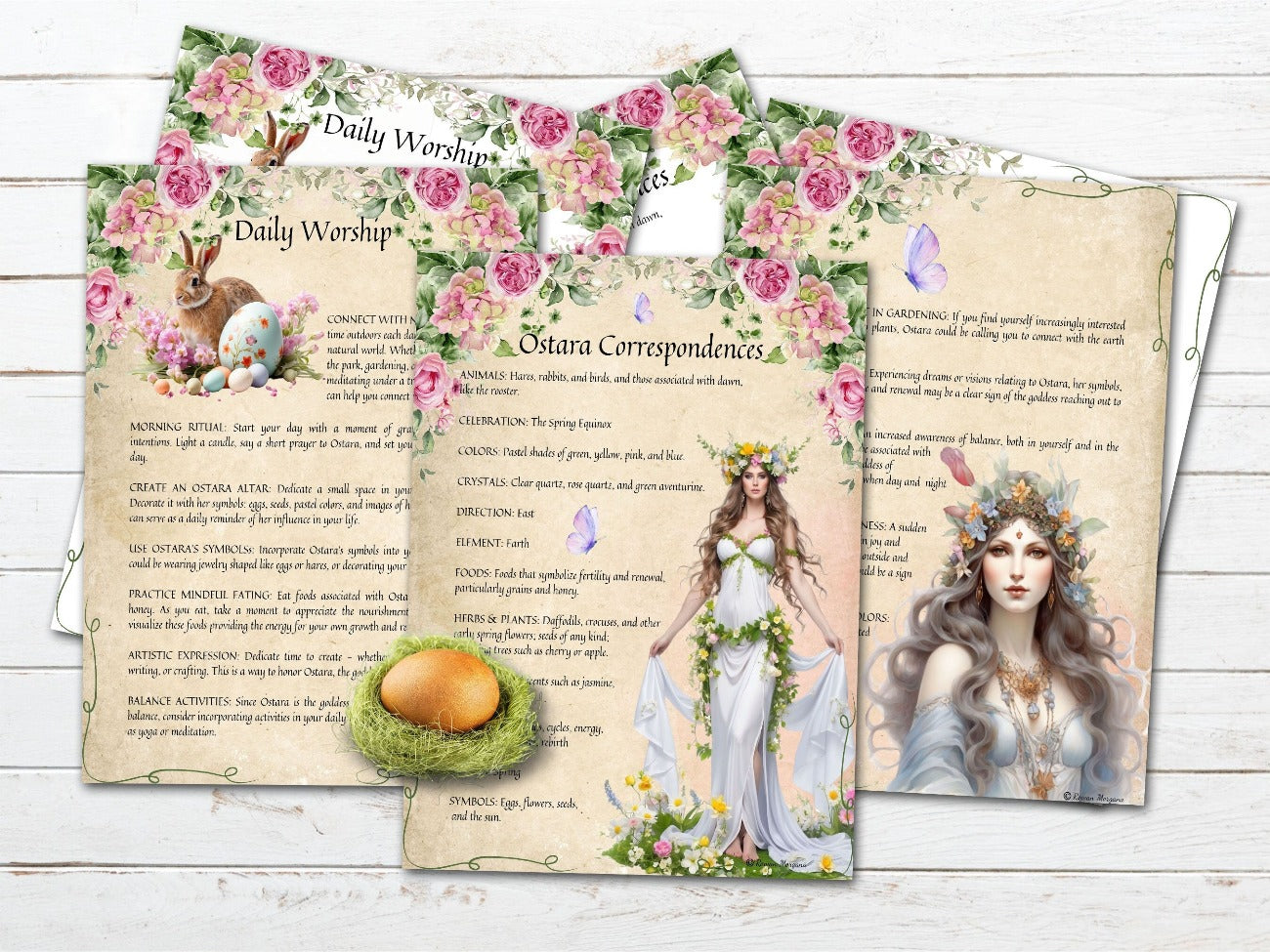 GODDESS OSTARA, Correspondences and Daily Worship pages shown with both the parchment and white backgrounds - Morgana Magick Spell