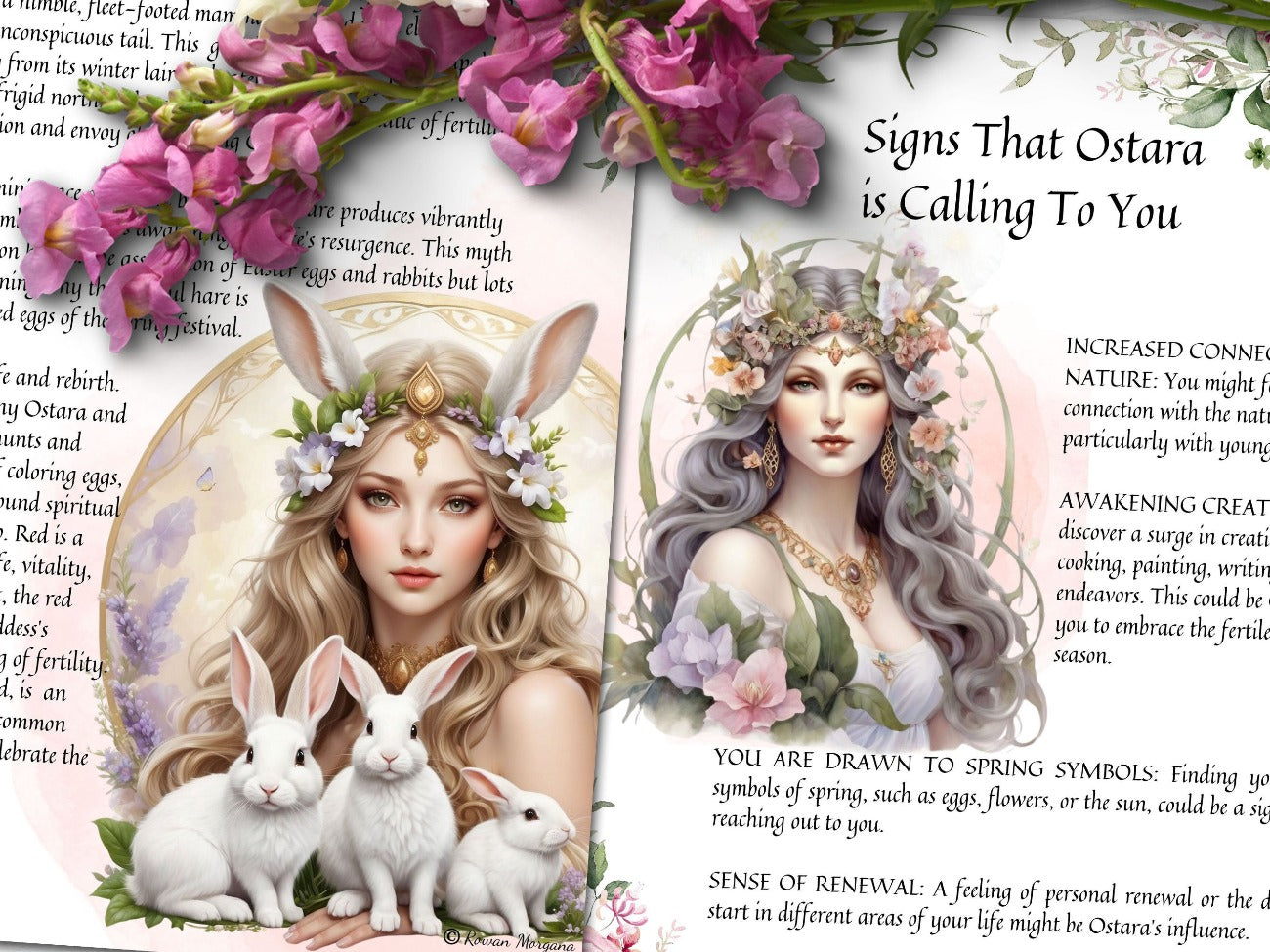 GODDESS OSTARA, white pages closeup view of two beautiful Goddess images, in pastel colors with spring flowers and rabbits - Morgana Magick Spell
