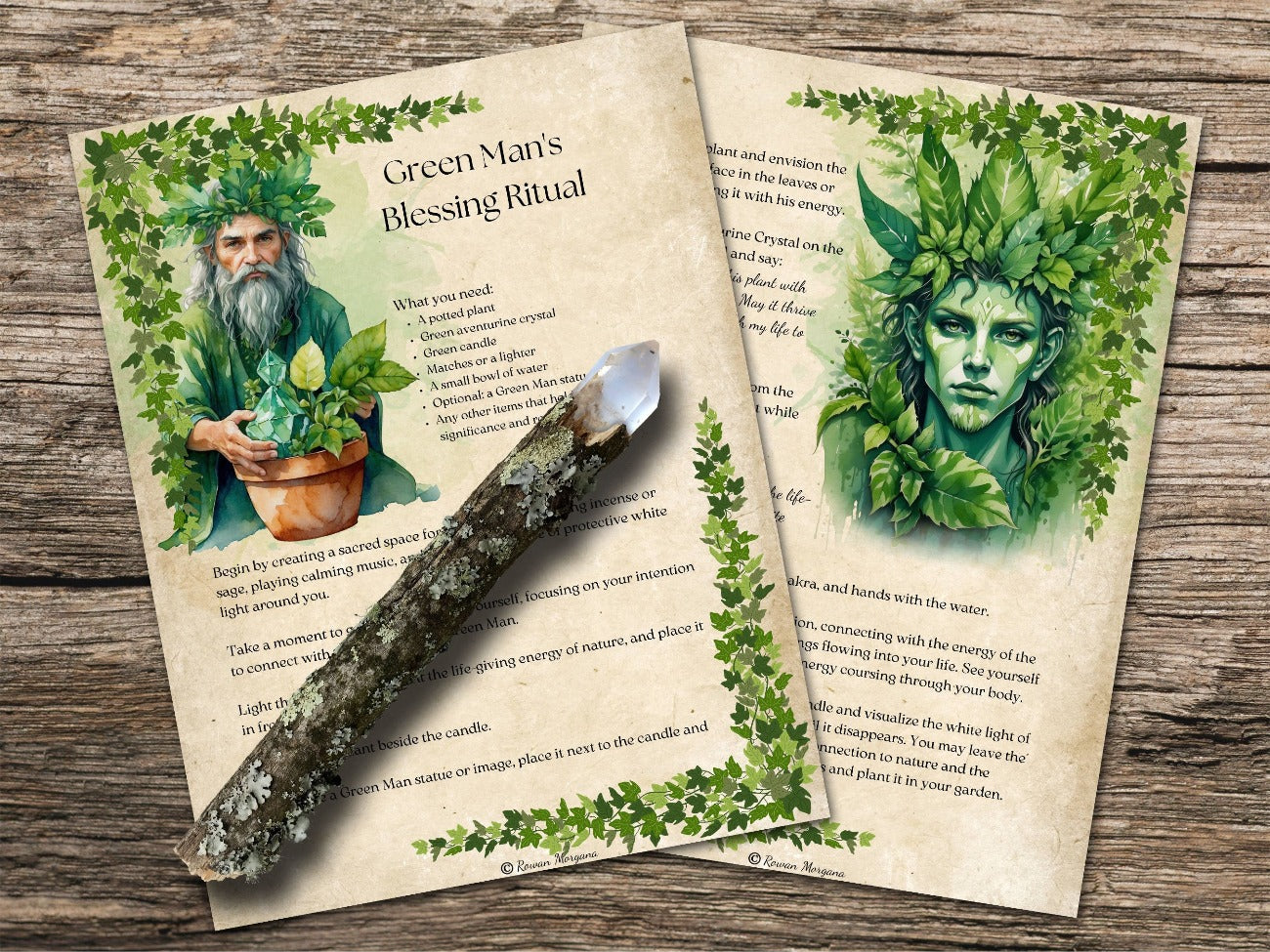THE GREEN MAN, Parchment Background, Green Man Blessing Ritual, 2 pages with leafy green vine borders and fine art images of the Green Man - Morgana Magick Spell