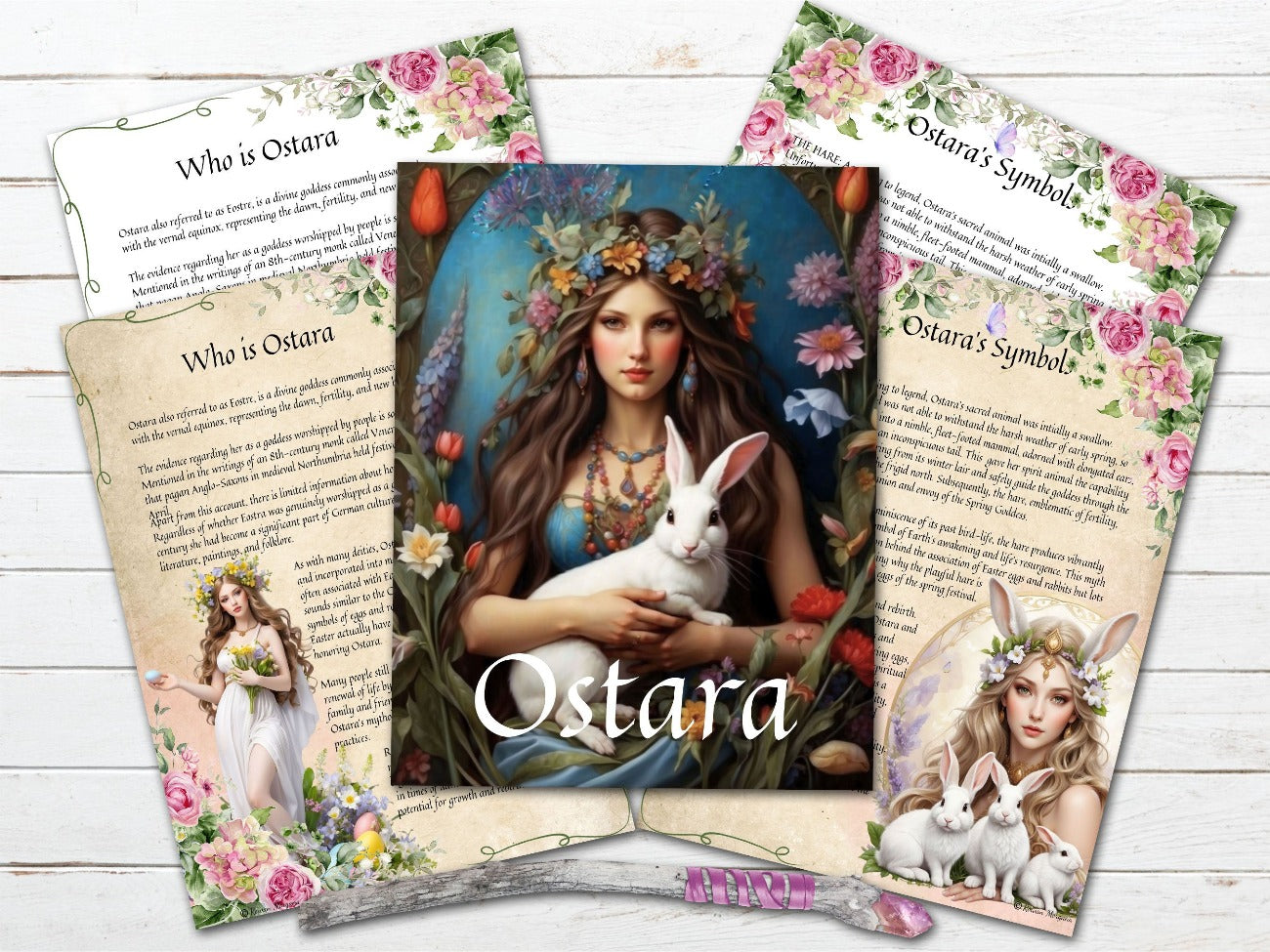 GODDESS OSTARA, Title page, Who is Ostara and Ostaras Symbols shown with both the parchment and white backgrounds - Morgana Magick Spell