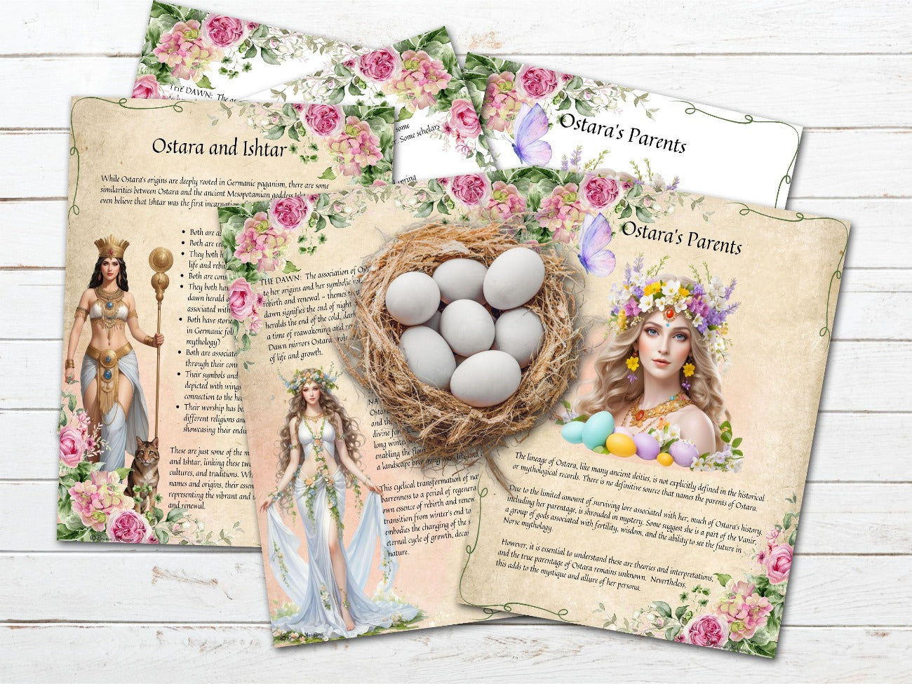 GODDESS OSTARA, Ostara and Ishtar and Ostaras Parents pages shown with both the parchment and white backgrounds - Morgana Magick Spell
