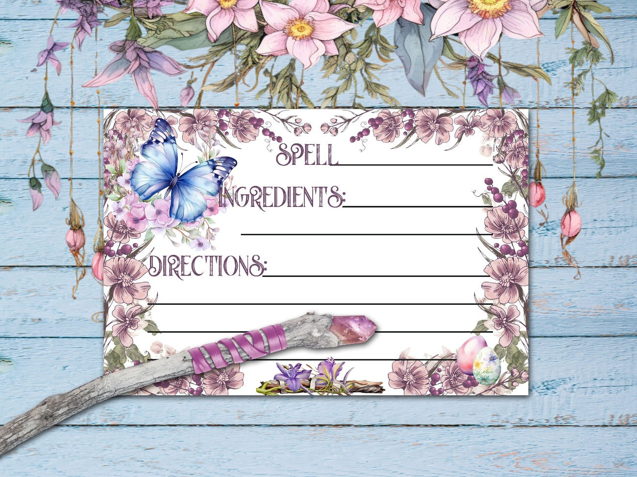 IMBOLC SPELL CARD, with a pink and purple floral border and with an image of a blue butterfly. Text reads spell, ingredients & directions in a whimsical font - Morgana Magick Spell