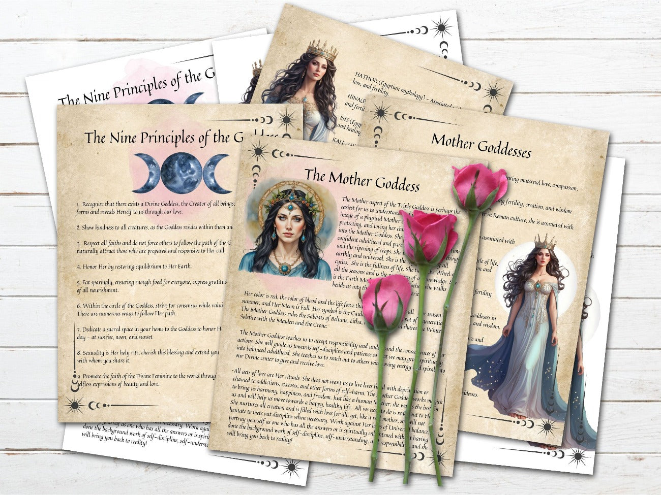 THE MOTHER GODDESS, 4 Pages, The Nine Principles of the Goddess, The Mother Goddess shown with both the white background and parchment backbround- Morgana Magick Spell