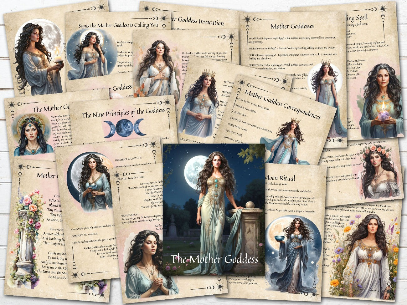 THE MOTHER GODDESS, 18 Printable Pages shown with the optional parchment background - Morgana Magick Spell