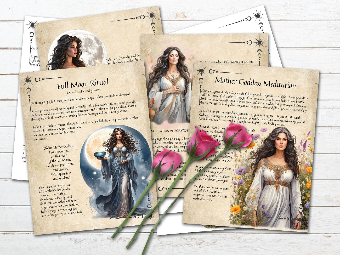 THE MOTHER GODDESS, 4 Pages, Full Moon Ritual and Mother Goddess Meditation shown with both the white background and parchment backbround- Morgana Magick Spell