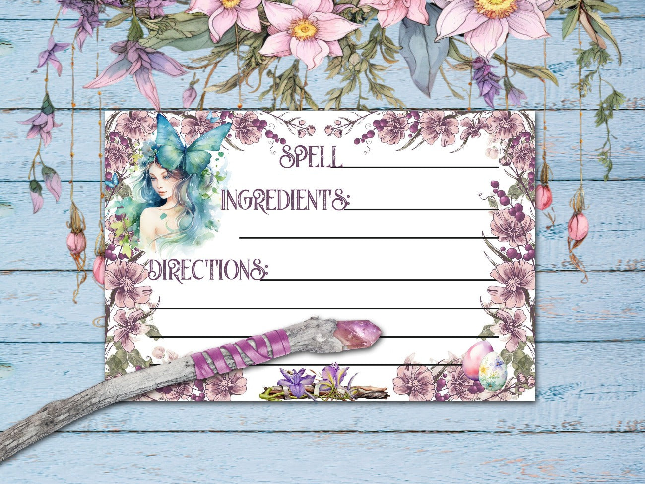 IMBOLC SPELL CARD, with a pink and purple floral border and with an image of maiden goddess. Text reads spell, ingredients & directions in a whimsical font - Morgana Magick Spell