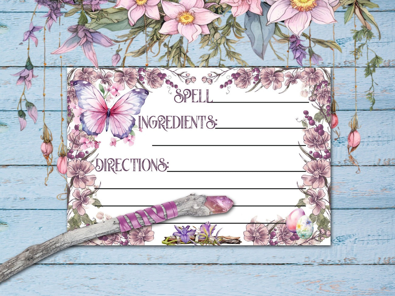 IMBOLC SPELL CARD, with a pink and purple floral border and with an image of a pink butterfly. Text reads spell, ingredients & directions in a whimsical font - Morgana Magick Spell