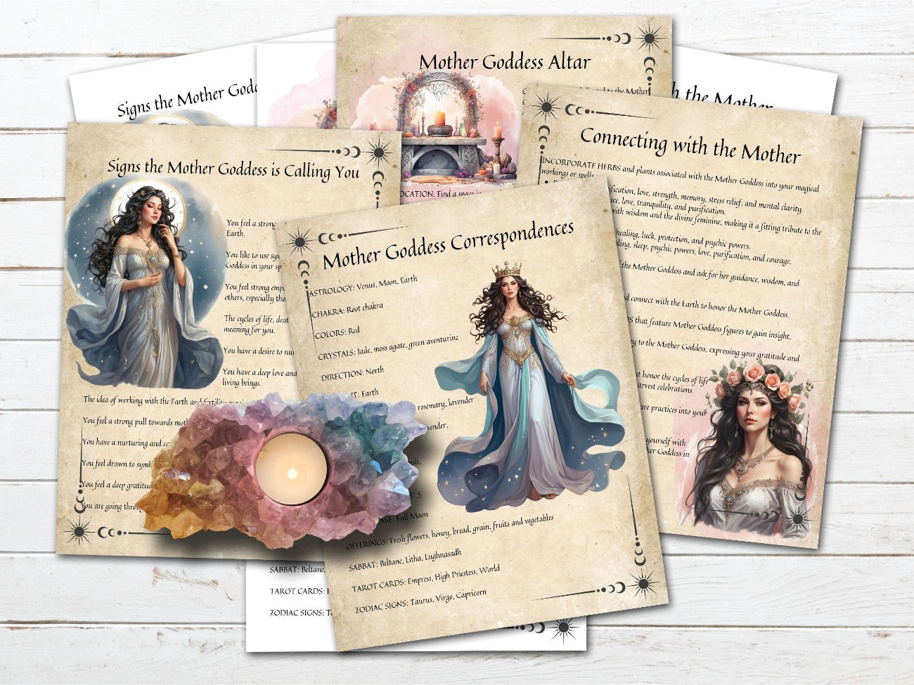 THE MOTHER GODDESS, 4 Printable Pages, Signs the Mother is Calling You, Goddess Corrrespondences, Connecting with the Mother, and Mother Goddess Altar shown with both the white background and parchment backbround- Morgana Magick Spell
