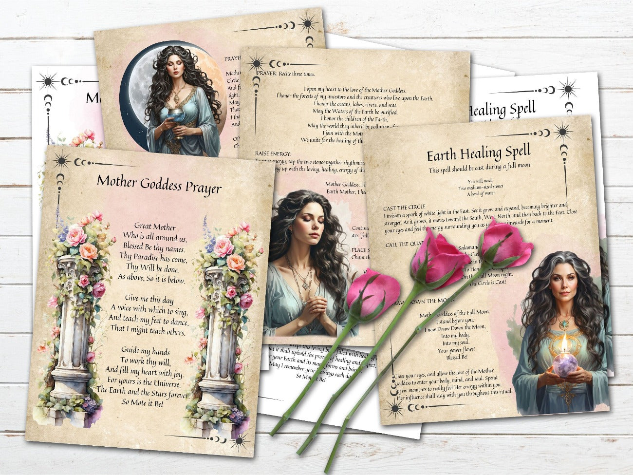 THE MOTHER GODDESS, 4 Pages, Mother Goddess Prayer, and Earth Healing Spell, shown with both the white background and parchment backbround- Morgana Magick Spell