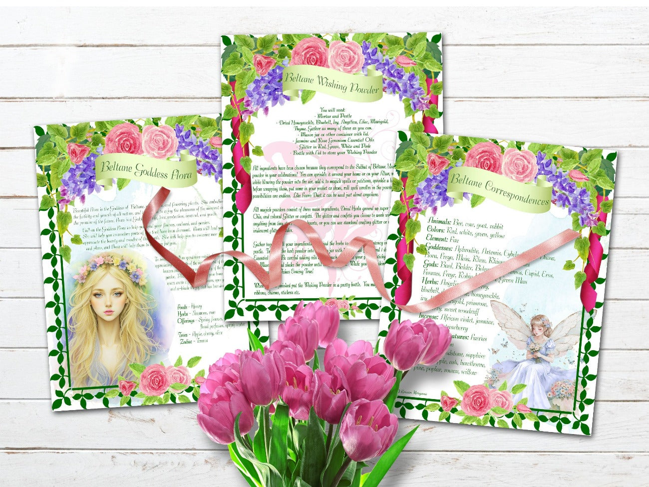 BELTANE WICCA SABBAT, Grimoire Printable Spellbook, Beltane Goddess Flora, Wishing Powder Recipe, and Correspondences - Morgana Magick Spell