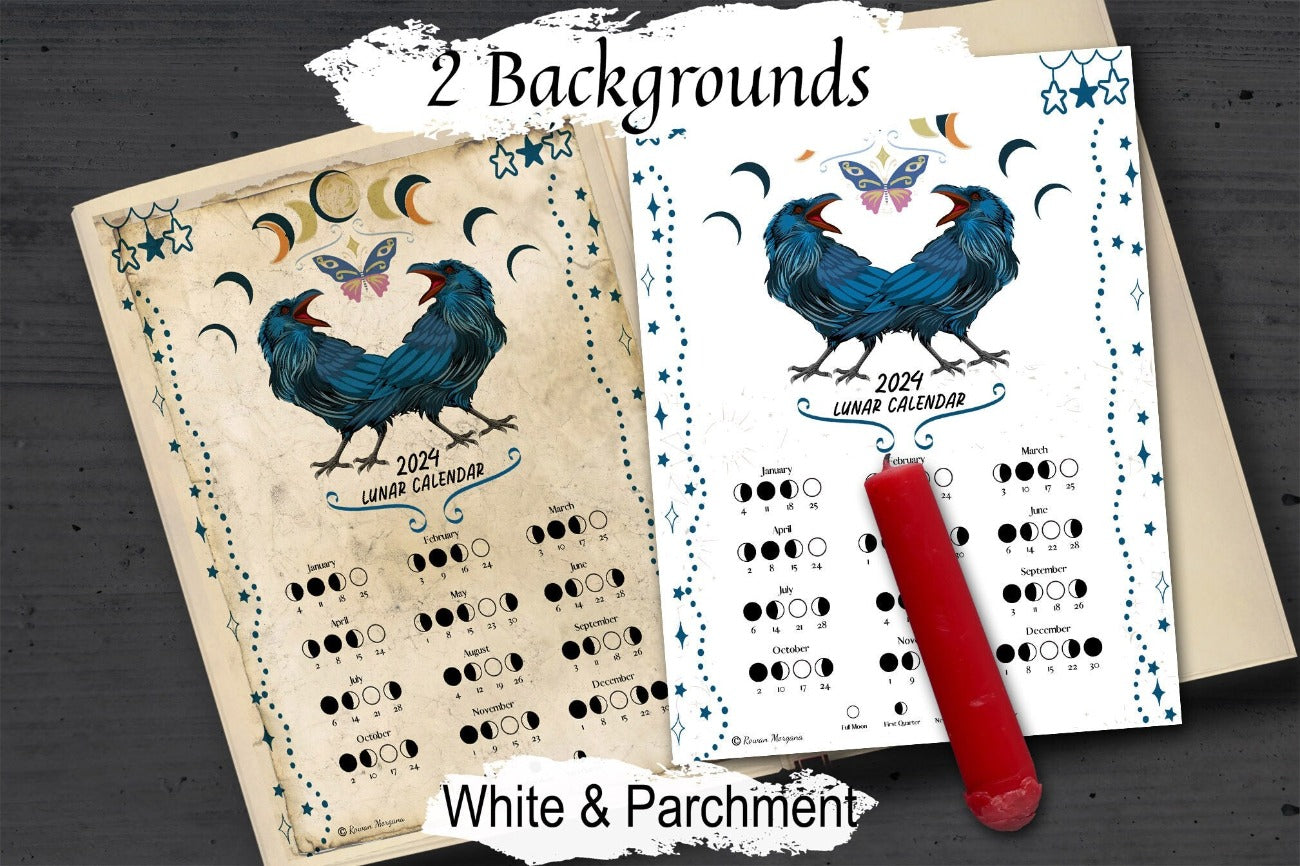 LUNAR CALENDAR 2024, Crow Moon, Wicca Witch Moon Phase Lunar Cycle Chart, Printable Spellbook Page, Makes a Great Gift - Morgana Magick Spell