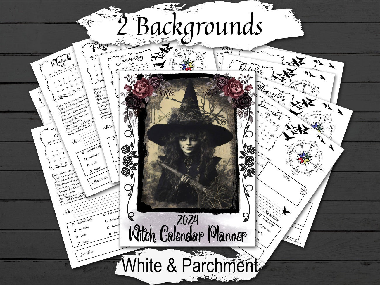 2024 CALENDAR WITCH PLANNER 13 Pages, Witchcraft Wheel of the Year,shown with the optional white background - Morgana Magick Spell