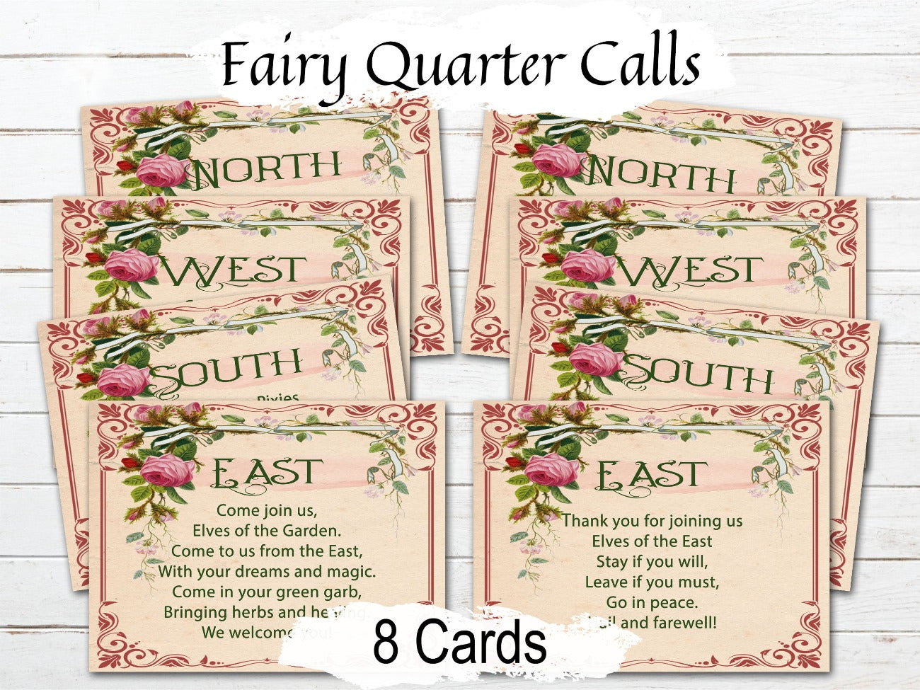 FAIRY CALL the QUARTERS, 8 Printable Cards, Cast a Magic Fairy Circle, Make Sacred Space, Call the Directions, Wicca Witch Pentagram Sorcery - Morgana Magick Spell