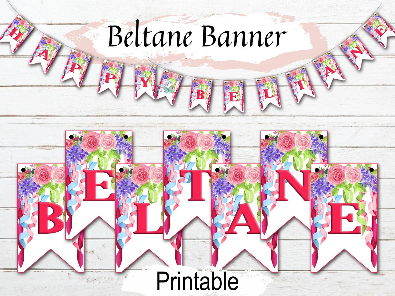 BELTANE BANNER, Pagan Altar Garland Decoration, Happy Beltane, Wicca Sabbat Festival Celebration Bunting, 13 Printable Flags - Morgana Magick Spell