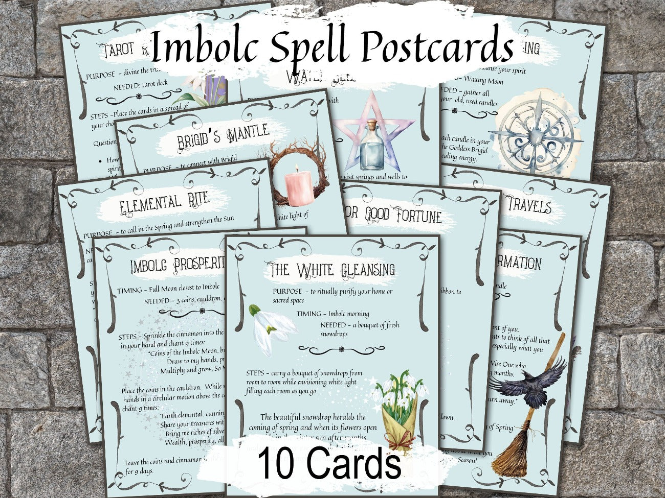 IMBOLC SPELL CARDS, 10 Witch Postcards Set, Goddess Brigid Guidance for your Spiritual Journey, Divine Feminine, Altar Spellbook & Gifts - Morgana Magick Spell