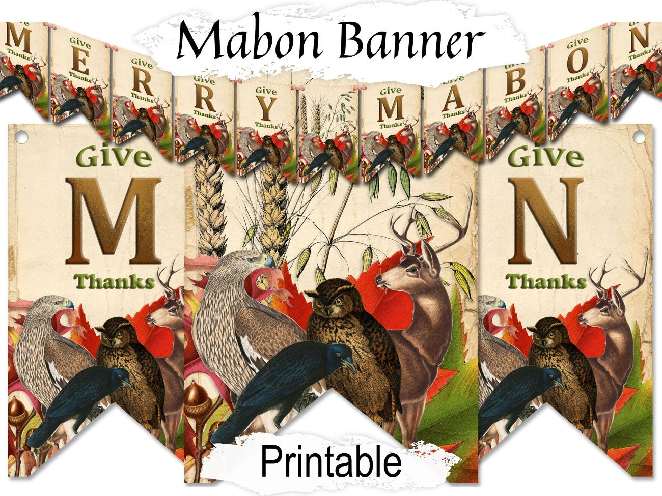 MABON BANNER, Pagan Altar Garland Decoration, Wicca Sabbat Festival Celebration Bunting, 11 Printable Bunting Flags - Morgana Magick Spell