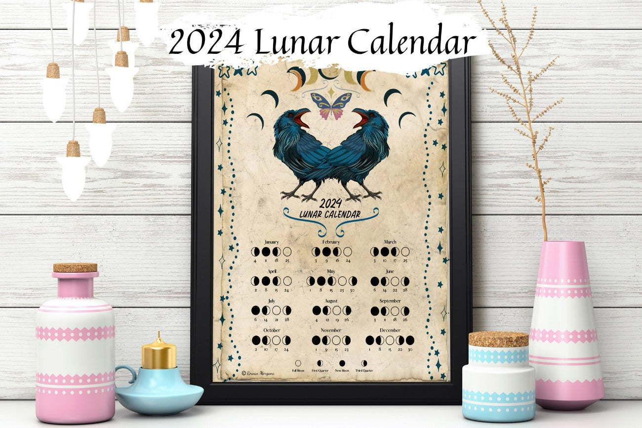 LUNAR CALENDAR 2024, Crow Moon, Wicca Witch Moon Phase Lunar Cycle Chart, Printable Spellbook Page, Makes a Great Gift- Morgana Magick Spell