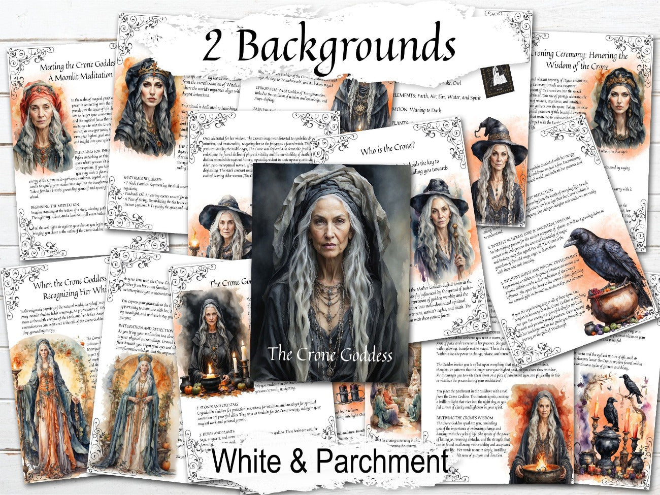 THE CRONE GODDESS, 16 Printable Pages, shown with the optional white background. Connect with the energy of the Dark Mother, pages include a Crone Ritual, Spell, Meditation and more! - Morgana Magick Spell