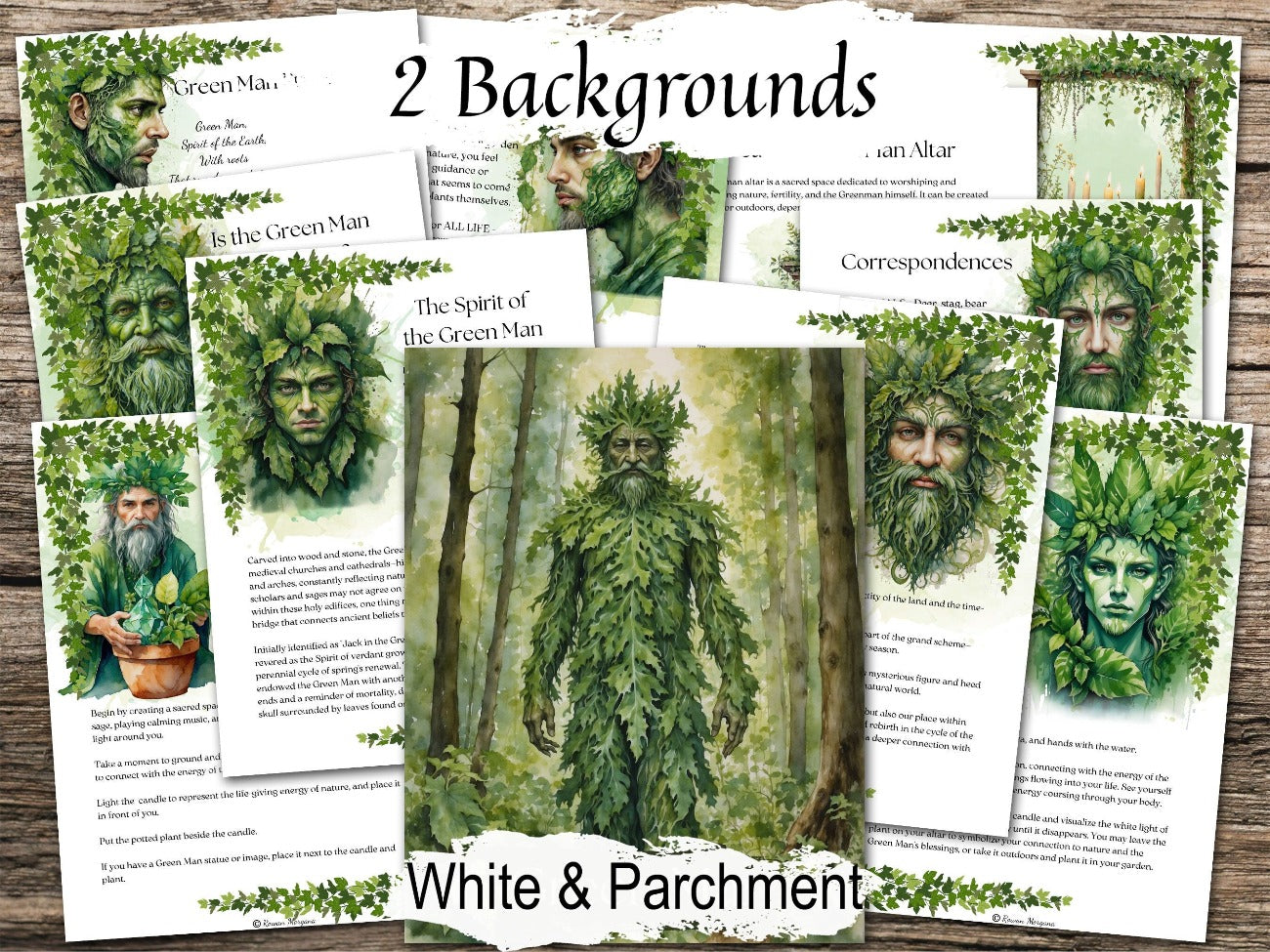 THE GREEN MAN, 11 pages, Printable Celtic Forest Spirit God, Parchment Background - Morgana Magick Spell