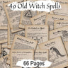 49 Old Witch spells are displayed stacked on top of each other.  The pages are of ancient parchment with vintage illustrations and spidery handwritten font- Morgana Magick Spell