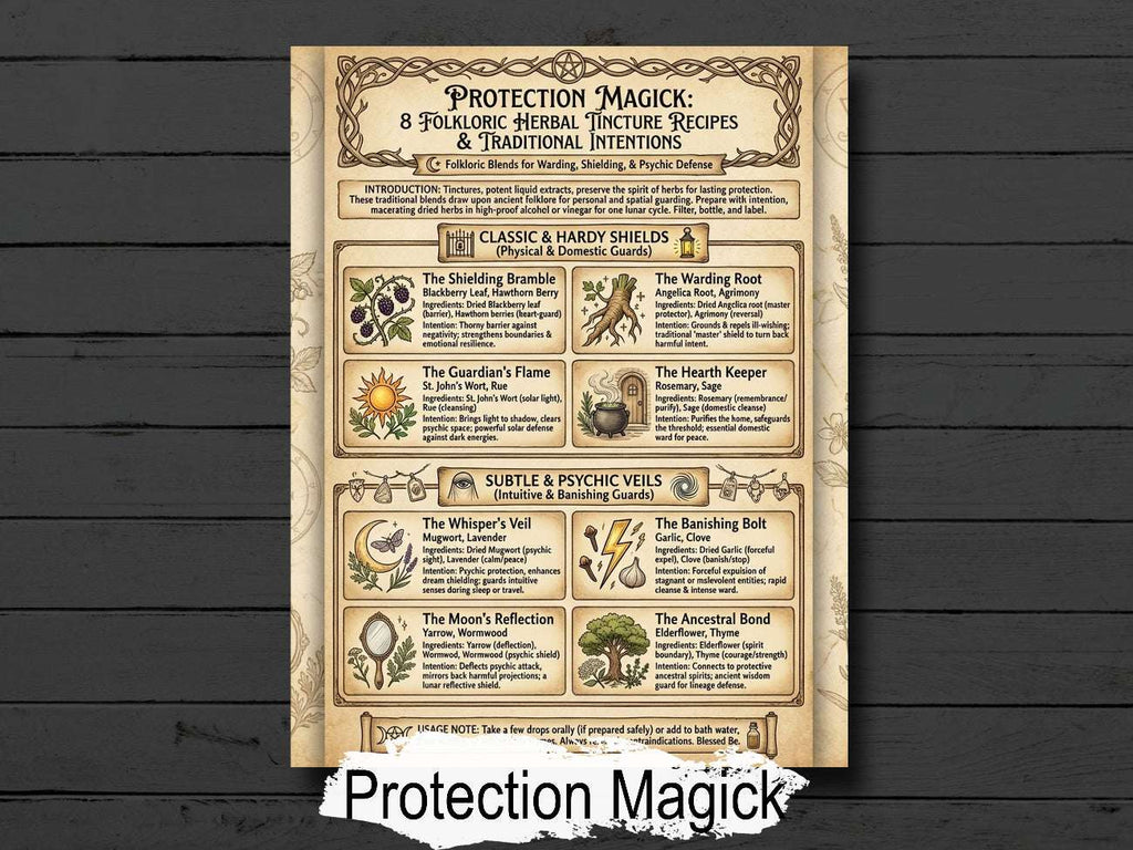 Protection Magick Infographic: 8 Folkloric Herbal Tincture Recipes & Traditional Intentions