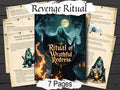 Book titled 'Ritual of Wrathful Redress' with spell pages on a wooden background